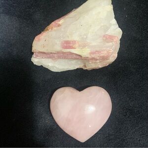 Rose quartz pink heart and raw piece about 3" in length by 2". Heart  is 1.5 "